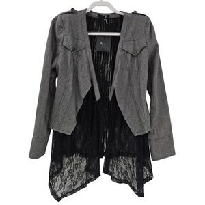 Ryu Jacket Womens M Grey Black Military Lace Open‎ Front Wool Blend Layered Goth
